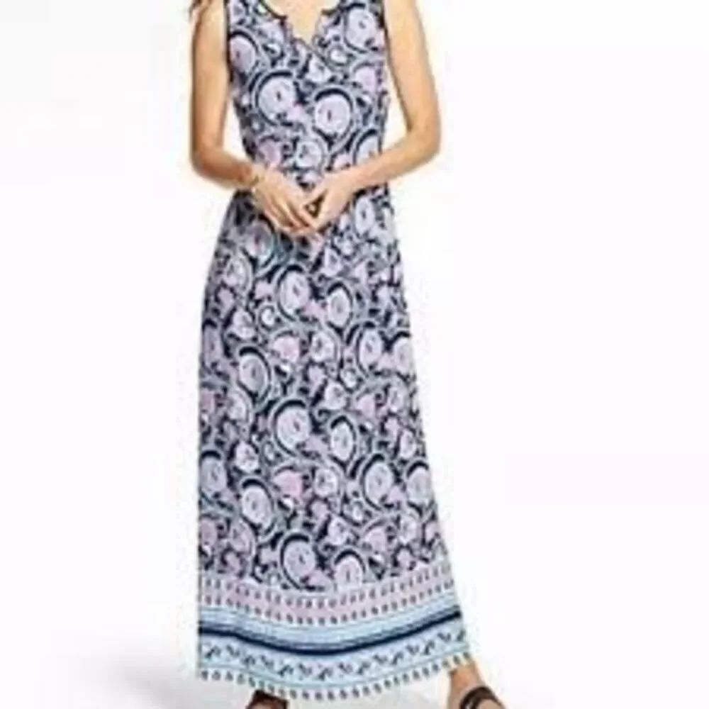 Talbots Size 12 Sleeveless Long Maxi Dress Navy Pink Boho Paisley Floral Summer